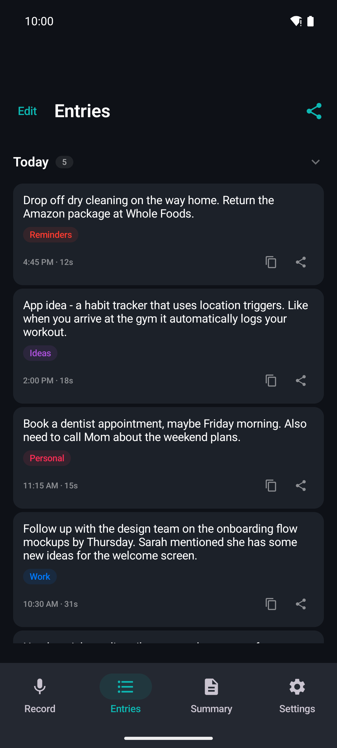 MindVoice entries list on Android